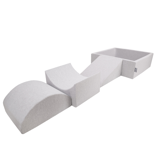 KiddyMoon Foam Playground for Kids with Square Ballpit ( ∅ 7cm/2.75In) Soft Obstacles Course and Ball Pool, Made In The EU, lightgrey:grey/white/turquoise, Ballpit (300 Balls) + Version 4