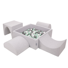 KiddyMoon Foam Playground for Kids with Square Ballpit ( ∅ 7cm/2.75In) Soft Obstacles Course and Ball Pool, Certified Made In The EU, lightgrey:white/grey/mint, Ballpit (300 Balls) + Version 1