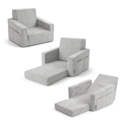 Foam armchair for kids convertible into bed, handle and side pockets, corduroy cover, light grey, UNI