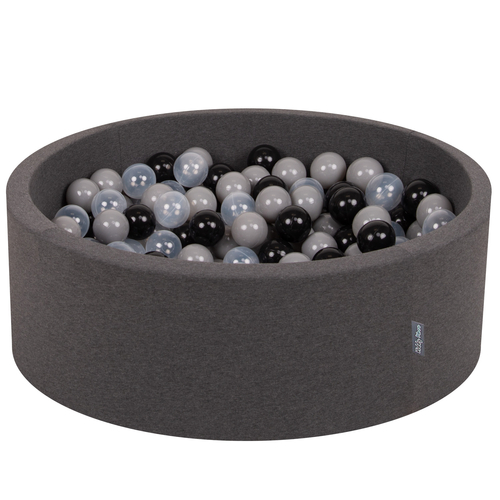 KiddyMoon Baby Foam Ball Pit with Balls ∅ 7cm / 2.75in Made in EU, dark grey:black/grey/transparent, 90 x 30 cm / 300 Balls