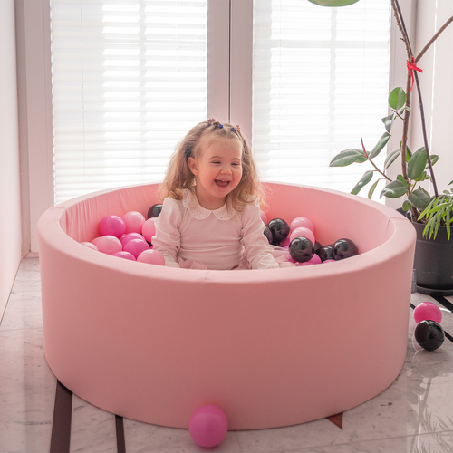 KiddyMoon Baby Foam Ball Pit with Balls ∅ 7cm / 2.75in Made in EU, Flamingo: pink/light pink/black, 90x30cm/300 balls