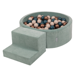 KiddyMoon Foam Playground For Kids Soft Textured Safe Blocks, green: dark turquoise/pastel beige/copper, Ballpit (100 Balls) + Steps