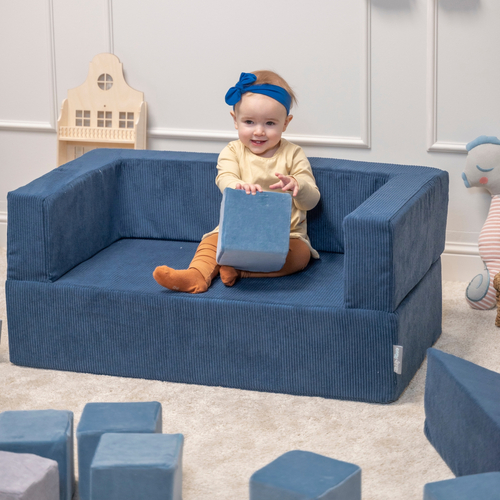 KiddyMoon Modular Foam Sofa for Children's with Balls Lightweight Sofa For Kids Room Comfortable Space-Saving with Storage Room Fabric Safe and Fun for Kids, navy blue: babyblue/blue/pearl, Sofa + 100 Balls