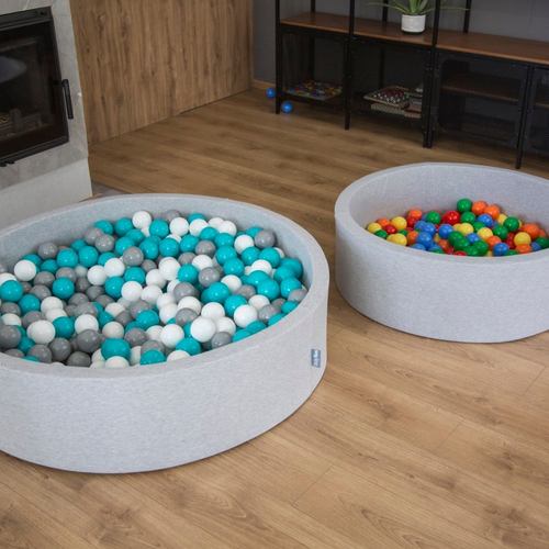 KiddyMoon Soft Ball Pit Round  ∅ 7Cm / 2.75In For Kids, Foam Ball Pool Baby Playballs Children, Made In The EU, dark grey:yellow-green-blue-red-orange, 120x30cm/1000 balls