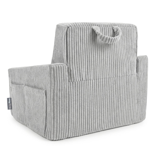Foam armchair for kids convertible into bed, handle and side pockets, corduroy cover, light grey, UNI