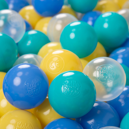 KiddyMoon Soft Plastic Play Balls ∅ 6cm / 2.36 Multi Colour Made in EU, turquoise/blue/yellow/transparent, 50 Balls/6cm-2.36in