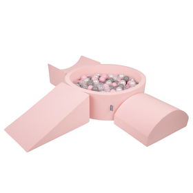 KiddyMoon Foam Playground for Kids with Round Ballpit ( ∅ 7cm/2.75In) Soft Obstacles Course and Ball Pool, Certified Made In The EU, pink:pearl/grey/transparent/powder pink, Ballpit (300 Balls) + Version 4