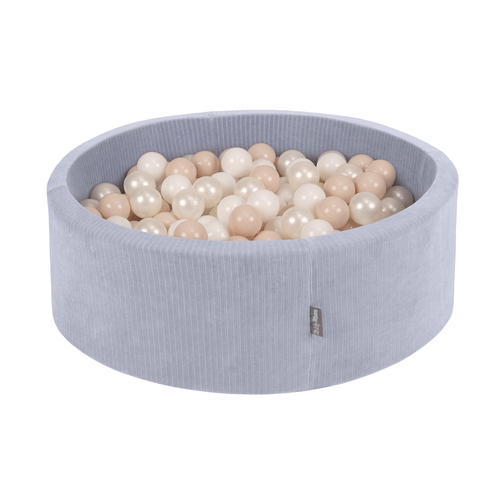 KiddyMoon Foam Ball Pit For Kids Round 90x30cm Baby Soft & Safe Toy, dark grey: pastel beige/white/perle, 90 x 30 cm / 300 Balls