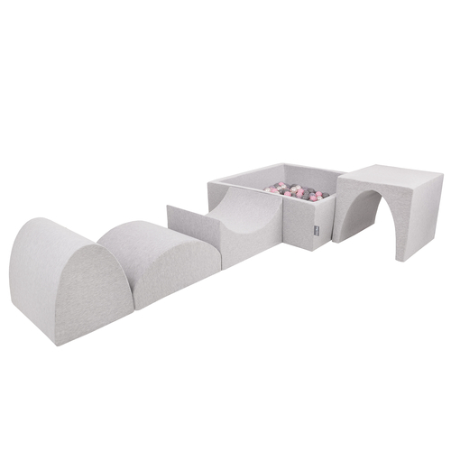 KiddyMoon Foam Playground for Kids with Square Ball pit ( ∅ 7cm/2.75In) Soft Obstacles Course and Ball Pool, Certified Made In The EU, lightgrey:pearl/grey/transparent/powderpink, Ballpit (300 Balls) + Version 1