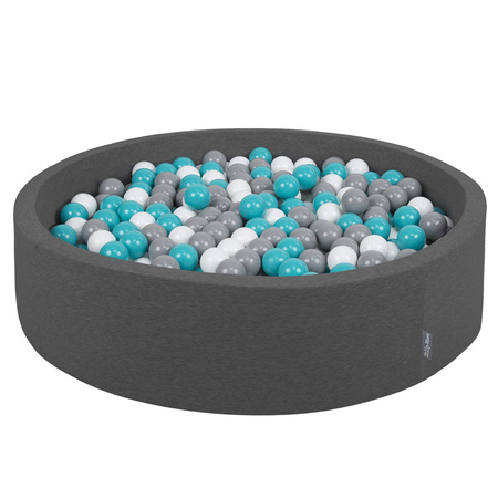 KiddyMoon Soft Ball Pit Round  ∅ 7Cm / 2.75In For Kids, Foam Ball Pool Baby Playballs Children, Made In The EU, dark grey:grey-white-turquoise, 120x30cm/1000 balls