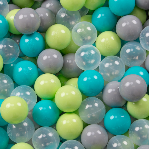 KiddyMoon Soft Plastic Play Balls ∅ 7cm/2.75in Multi-colour Made in EU, turquoise/light green/grey/transparent, 50 Balls/7cm-2.75in