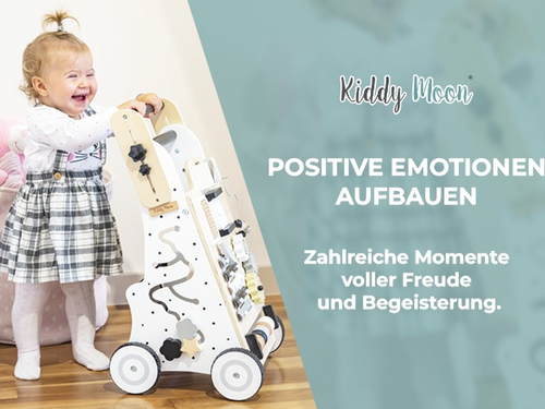 KiddyMoon Wooden Baby Walker Interactive Educational Toy for Children Multifunctional Push-Along Toy for Babies Montessori Walker for Kids Model WK-002, Black - White, Standard