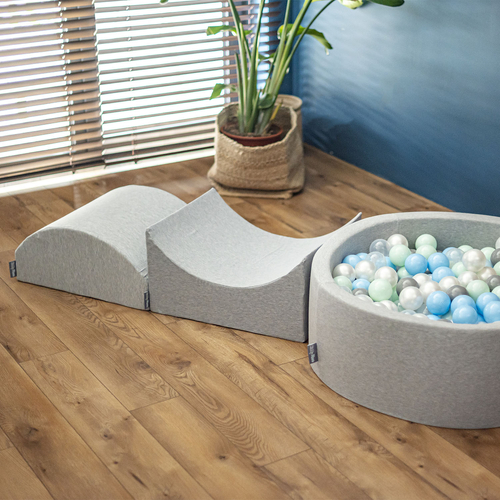 KiddyMoon Foam Playground for Kids with Round Ballpit ( ∅ 7cm/2.75In) Soft Obstacles Course and Ball Pool, Made In The EU, lightgrey:pearl/grey/transparent/babyblue/mint, Ballpit (200 Balls) + Version 3