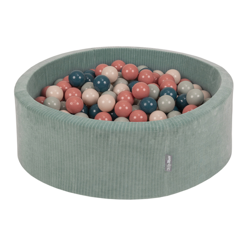 KiddyMoon Foam Ball Pit For Kids Round 90x30cm Baby Soft & Safe Toy, green: dark turquoise/pastel beige/greygreen/salmon pink, 90x30cm/200 balls