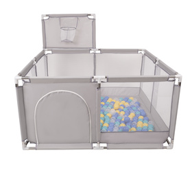 square play pen filled with plastic balls basketball, Grey:blue/turquoise/yellow/transparent, 400 balls