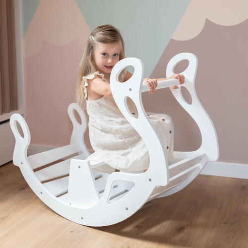 KiddyMoon Wooden Rocker for Kids Multifunctional Montessori Arch Wooden Toy Climbing Play Arch for Children, Seesaw Made of Wood for Babies WR-001, White, 90.6x39x69 cm