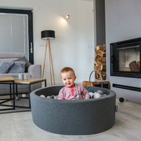 KiddyMoon Baby Foam Ball Pit with Balls ∅ 7cm / 2.75in Made in EU, dark grey:black/pearl/gold/grey, 90 x 30 cm / 200 Balls