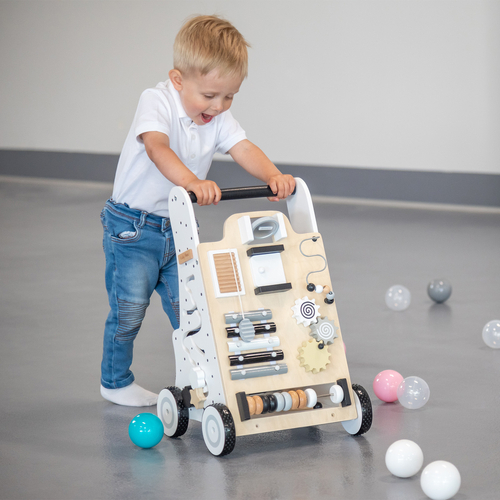 KiddyMoon Wooden Baby Walker Interactive Educational Toy for Children Multifunctional Push-Along Toy for Babies Montessori Walker for Kids Model WK-002, Black - White, Standard