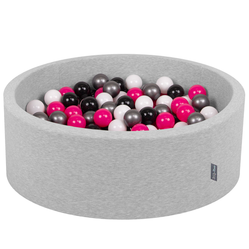 KiddyMoon Baby Foam Ball Pit with Balls ∅ 7cm / 2.75in Made in EU, light grey:white/black/silver/dark pink, 90 x 30 cm / 300 Balls