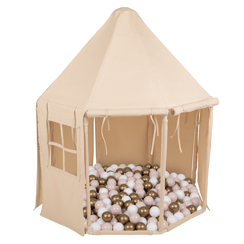 KiddyMoon Play Tent for Kids Pavilion Playhouse Cotton Fabric Indoor Outdoor Use Foldable Design Easy Assembly And Storage Perfect For Play Relaxing And Imaginative Adventures, natural: pastel beige/white/gold, 100 Balls