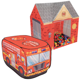 Playhouse Tent Set Fireman Fire Engine And Fire Station Indoor Outdoor Foldable Adventure Toy For Kids Boys Girls Group Activity Pretend Play, red: black/yellow/blue/red/green, 100 balls