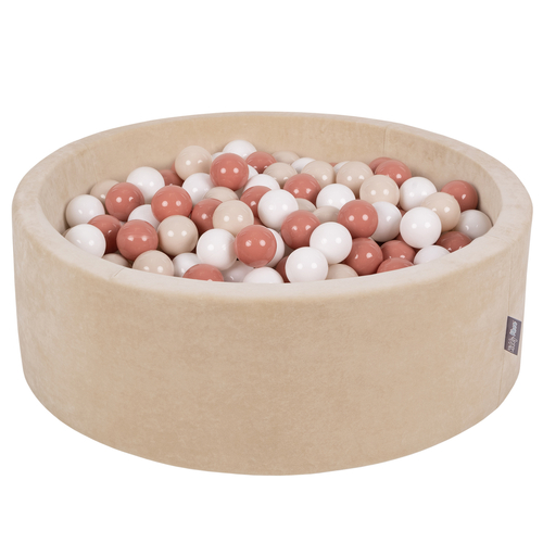 KiddyMoon Soft Ball Pit Round 7cm / 2.75In for Kids, Foam Velvet Ball Pool Baby Playballs, sand beige:pastel beige/salmon pink/white, 90 x 30 cm / 300 Balls