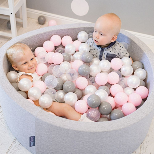 KiddyMoon Baby Foam Ball Pit with Balls ∅ 7cm / 2.75in Square Made in EU, light grey/pearl/grey/transparent/light pink