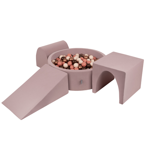 KiddyMoon Foam Playground for Kids with Round Ball pit (Balls ∅ 7cm/2.75In) Soft Obstacles Course and Ball Pool, Made In EU, heather: brown/copper/pastel beige/salmon, Ballpit (300 Balls) + Version 2