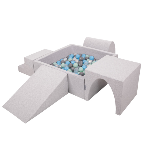KiddyMoon Foam Playground for Kids with Square Ballpit ( ∅ 7cm/2.75In) Soft Obstacles Course and Ball Pool, Certified Made In The EU, lightgrey:pearl/grey/transparent/babyblue/mint, Ballpit (300 Balls) + Version 3