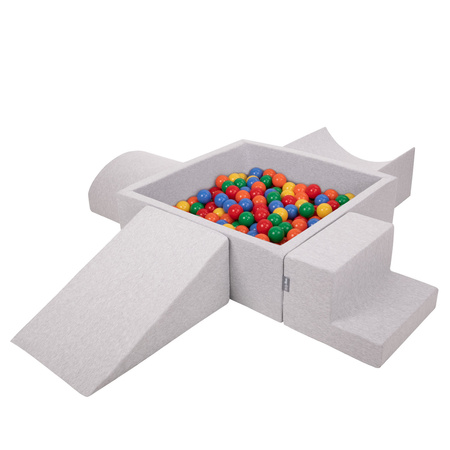 KiddyMoon Foam Playground for Kids with Square Ballpit ( ∅ 7cm/2.75In) Soft Obstacles Course and Ball Pool, Certified Made In The EU, lightgrey:yellow/green/blue/red/orange, Ballpit (200 Balls) + Version 5