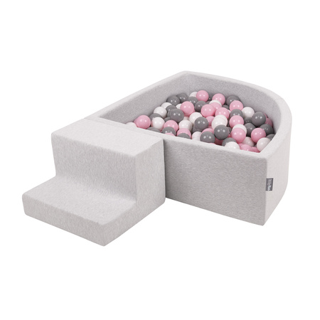 KiddyMoon Foam Playground for Kids with Quarter Angular Ballpit and Balls, lightgrey:white/grey/powderpink, Ballpit (100 Balls) + Steps