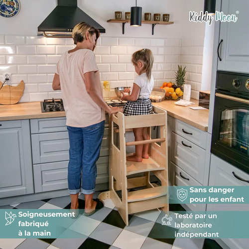 KiddyMoon Toddler Learning Tower, Montessori Kitchen Step Stool, Height Adjustable (3 Levels), Safety Rail, Natural, 91,5x39,3x49,4