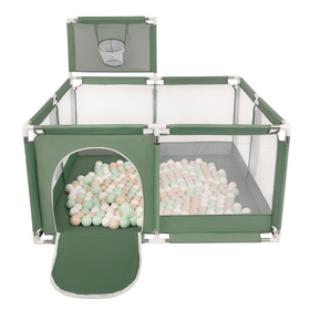 square play pen filled with plastic balls basketball, green:pastel beige/white/mint, 100 balls