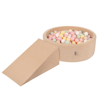 KiddyMoon Foam Playground Velvet for Kids with Round Ball pit ( ∅ 7cm/2.75In) Soft Obstacles Course and Ball Pool, Certified Made In The EU, Sand beige: pastel beige/pastel yellow/white/mint/powder pink, Ballpit (100 Balls) + Wedge