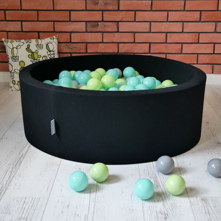 KiddyMoon Baby Foam Ball Pit with Balls ∅ 7cm / 2.75in Made in EU, black:light green/light turquoise/grey, 90x30cm/200 balls