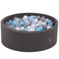 KiddyMoon Baby Foam Ball Pit with Balls ∅ 7cm / 2.75in Made in EU, dark grey:grey/white/transparent/babyblue, 90 x 30 cm / 300 Balls