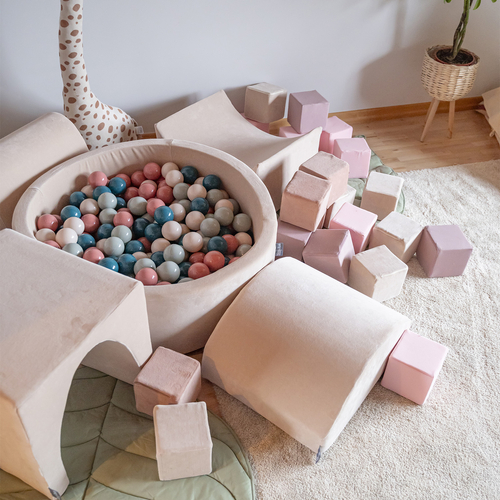 KiddyMoon Soft Ball Pit Round 7cm / 2.75In for Kids, Foam Velvet Ball Pool Baby Playballs, sand beige:dark turquoise/pastel beige/greengrey/salmon pink, 90 x 30 cm / 300 Balls