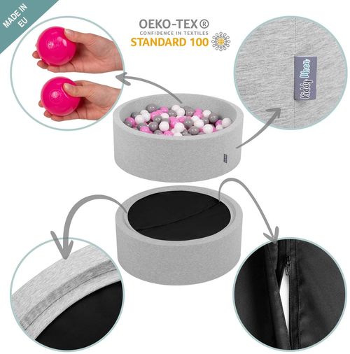 KiddyMoon Baby Foam Ball Pit with Balls ∅ 7cm / 2.75in Made in EU, light grey:pastel blue/pastel yellow/white/mint/light pink, 90x30cm/300 balls