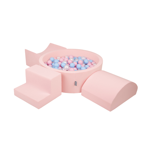 KiddyMoon Foam Playground for Kids with Round Ballpit ( ∅ 7cm/2.75In) Soft Obstacles Course and Ball Pool, Certified Made In The EU, pink:babyblue/powder pink/pearl, Ballpit (300 Balls) + Version 6