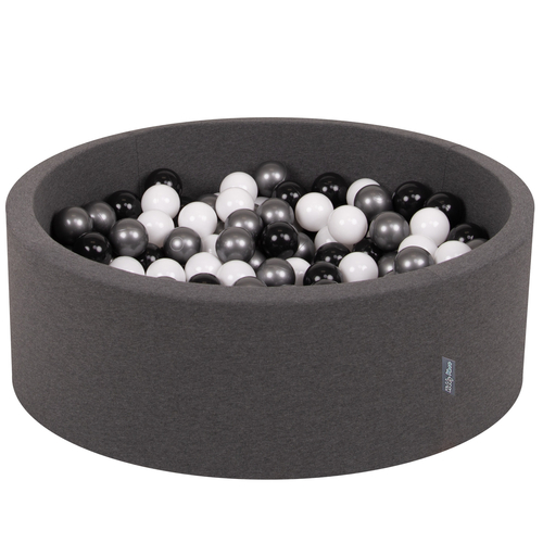KiddyMoon Baby Foam Ball Pit with Balls ∅ 7cm / 2.75in Made in EU, dark grey:white/black/silver, 90 x 30 cm / 200 Balls