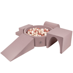 KiddyMoon Foam Playground for Kids with Round Ballpit ( ∅ 7cm/2.75In) Soft Obstacles Course and Ball Pool, Made In The EU, heather: pastel beige-salmon-white, Ballpit (200 Balls) + Version 3