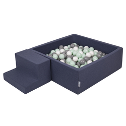 KiddyMoon Foam Playground for Kids with Square Ballpit ( ∅ 7cm/2.75In) Soft Obstacles Course and Ball Pool, Made In The EU, darkblue:white/grey/mint, Ballpit (100 Balls) + Steps
