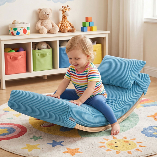 KiddyMoon Balance Board for Kids with Mattress and Pillow Wooden Sensory Wobble Board, natural/blue, Balance Board/Mattress/Pillow