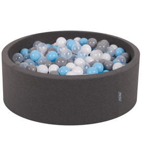 KiddyMoon Baby Foam Ball Pit with Balls ∅ 7cm / 2.75in Made in EU, dark grey:grey/white/transparent/babyblue, 90x30cm/200 balls