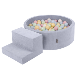 KiddyMoon Foam Playground For Kids Soft Textured Safe Blocks, dark grey: pastel blue/pastel yellow/white/mint/powder pink, Ballpit (200 Balls) + Steps