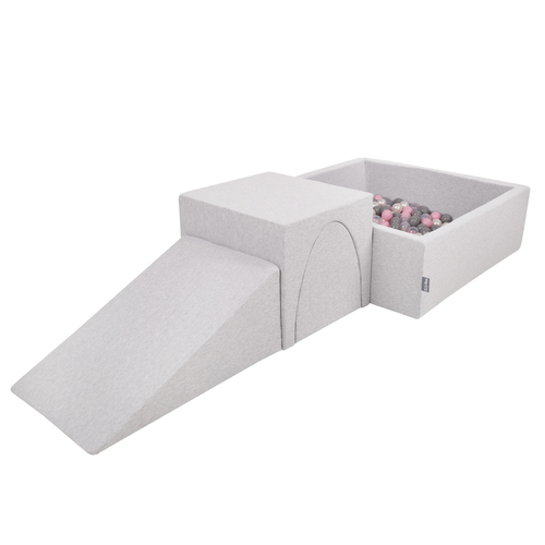 KiddyMoon Foam Playground for Kids with Square Ballpit ( ∅ 7cm/2.75In) Soft Obstacles Course and Ball Pool, Certified Made In The EU, lightgrey:pearl/grey/transparent/powderpink, Ballpit (200 Balls) + Version 2