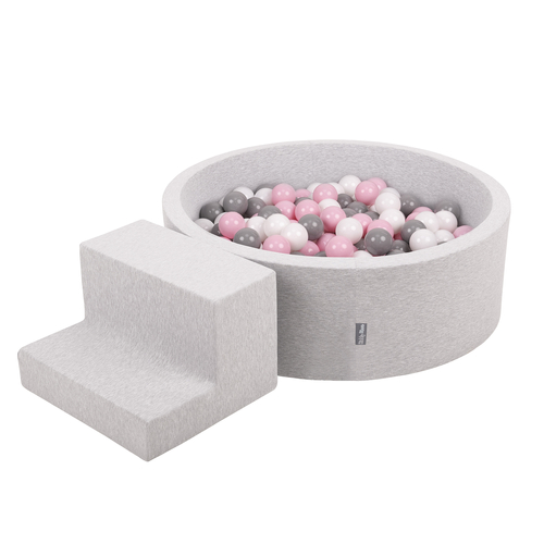 KiddyMoon Foam Playground for Kids with Round Ball pit (200 Balls ∅ 7cm/2.75In) Soft Obstacles Course and Ball Pool, Certified Made In The EU, lightgrey:white/grey/powderpink, Ballpit (100 Balls) + Steps