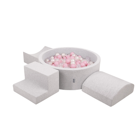 KiddyMoon Foam Playground for Kids with Round Ballpit ( ∅ 7cm/2.75In) Soft Obstacles Course and Ball Pool, Certified Made In The EU, lightgrey:powderpink/pearl/transparent, Ballpit (200 Balls) + Version 6