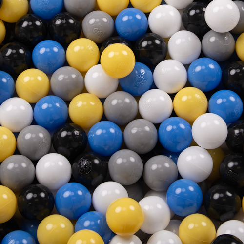KiddyMoon Soft Plastic Play Balls ∅ 6cm / 2.36 Multi Colour Made in EU, black/white/grey/blue/yellow, 1200 Balls/6cm-2.36in