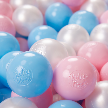 KiddyMoon Soft Plastic Play Balls ∅ 6cm / 2.36 Multi Colour Made in EU, baby blue/light pink/pearl, 200 Balls/6cm-2.36in